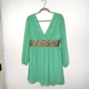 Green sequin waist double v dress
